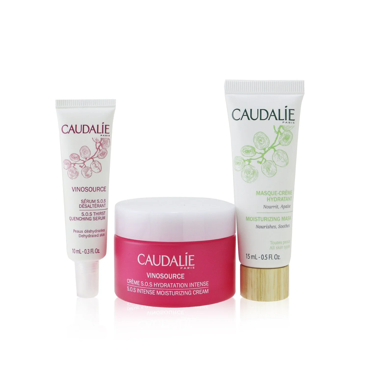 Caudalie Vinosource Intense Hydration S.O.S Set: Moisturizing Cream 50ml+ S.O.S Thirst-Quenching Serum 10ml+ Moisturizing Mask 15ml  3pcs - Olabens