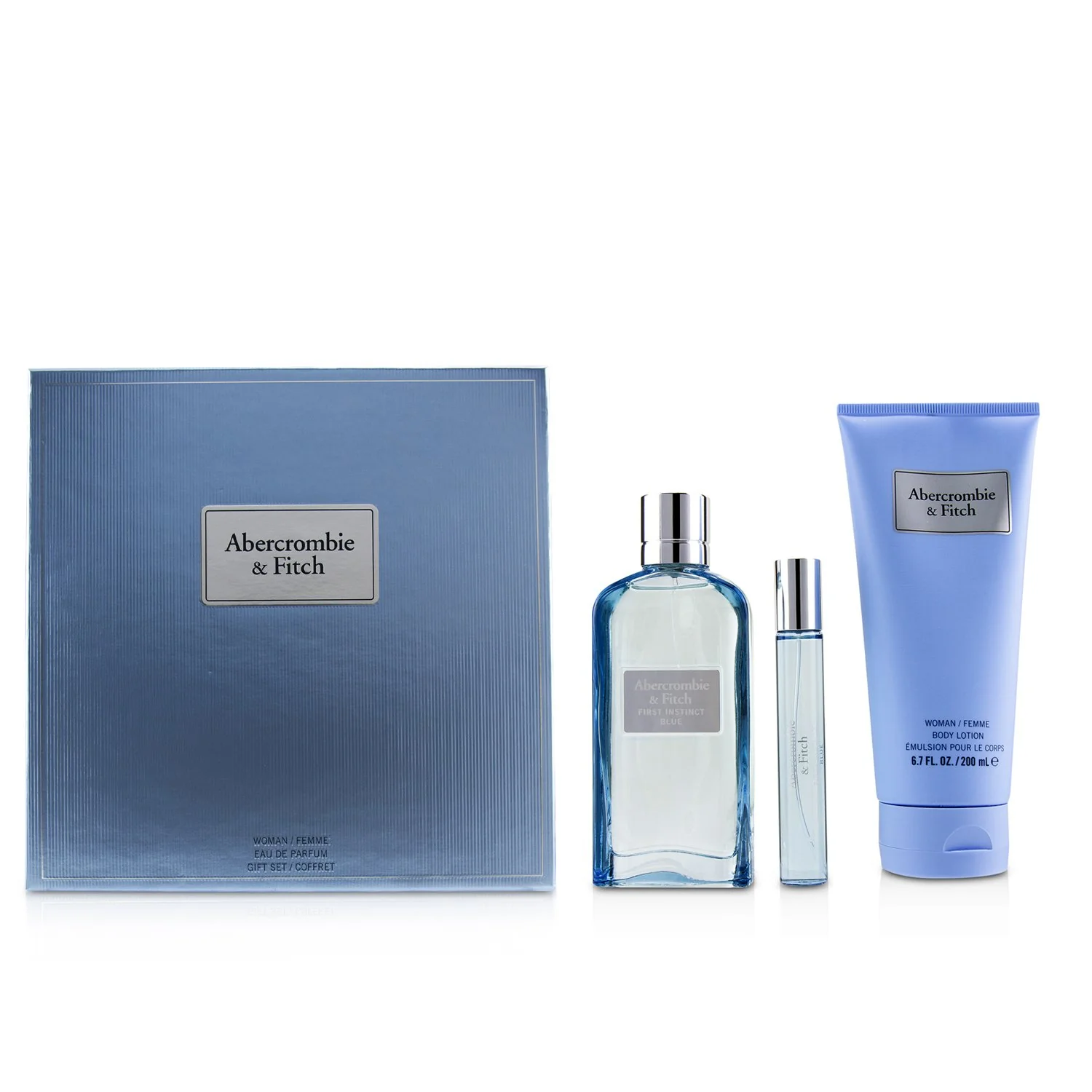 Abercrombie & Fitch First Instinct Blue Coffret: Eau De Parfum Spray 100ml/3.4oz + Body Lotion 200ml/6.7oz + Eau De Parfum Spray 15ml/0.5oz  3pcs - Olabens