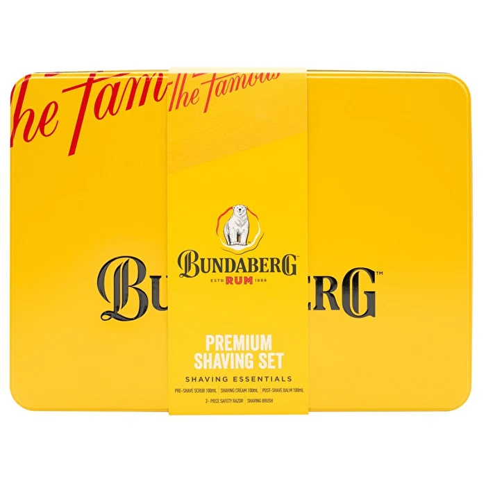 Bundaberg Rum Premium Shaving Set - Embossed Tin Shaving Cream Pre-shave Scrub Post-shave Balm Two-piece Safety Razor (inc Razor Blade) & Soft Bristle Shaving Brush 100ml - Olabens