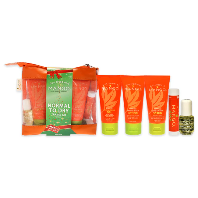 California Mango Mango to Go Travel Kit - Normal to Dry Skin by California Mango for Unisex - 6 Pc 2.2oz Exfoliating Scrub, 2.2oz Cleansing Gel, 2.2oz Hand and Body Lotion, 0.15oz Lip Balm SPF 15, 0.13oz Magic Cuticle Oil, Travel Bag - Olabens