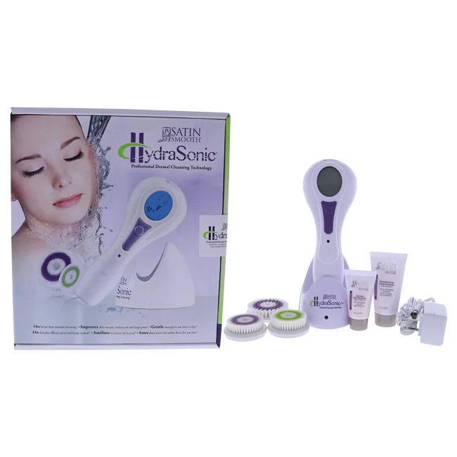 Satin Smooth Hydrasonic Professional Dermal Cleansing Technology Kit - White by Satin Smooth for Unisex - 6 Pc Kit Hydrasonic Dermal Cleansing Unit, Sensitive Skin Facial Brush, Normal Skin Facial Brush, Body Brush, 1 oz. Renewal Facial Cream Cleanse - Olabens