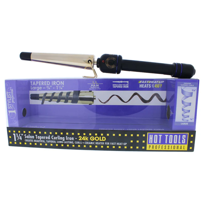 Hot Tools 24K Gold Salon Tapered Curling Iron Model HTG1852 - Gold-Black by Hot Tools for Unisex - 1.25 Inch Curling Iron - Olabens