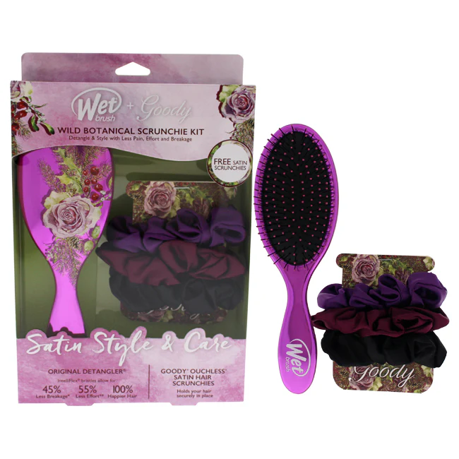 Wet Brush Wild Botanical Scrunchie Kit - Rose by Wet Brush for Women - 4 Pc Hair Brush, 3 Satin Scunchies - Olabens