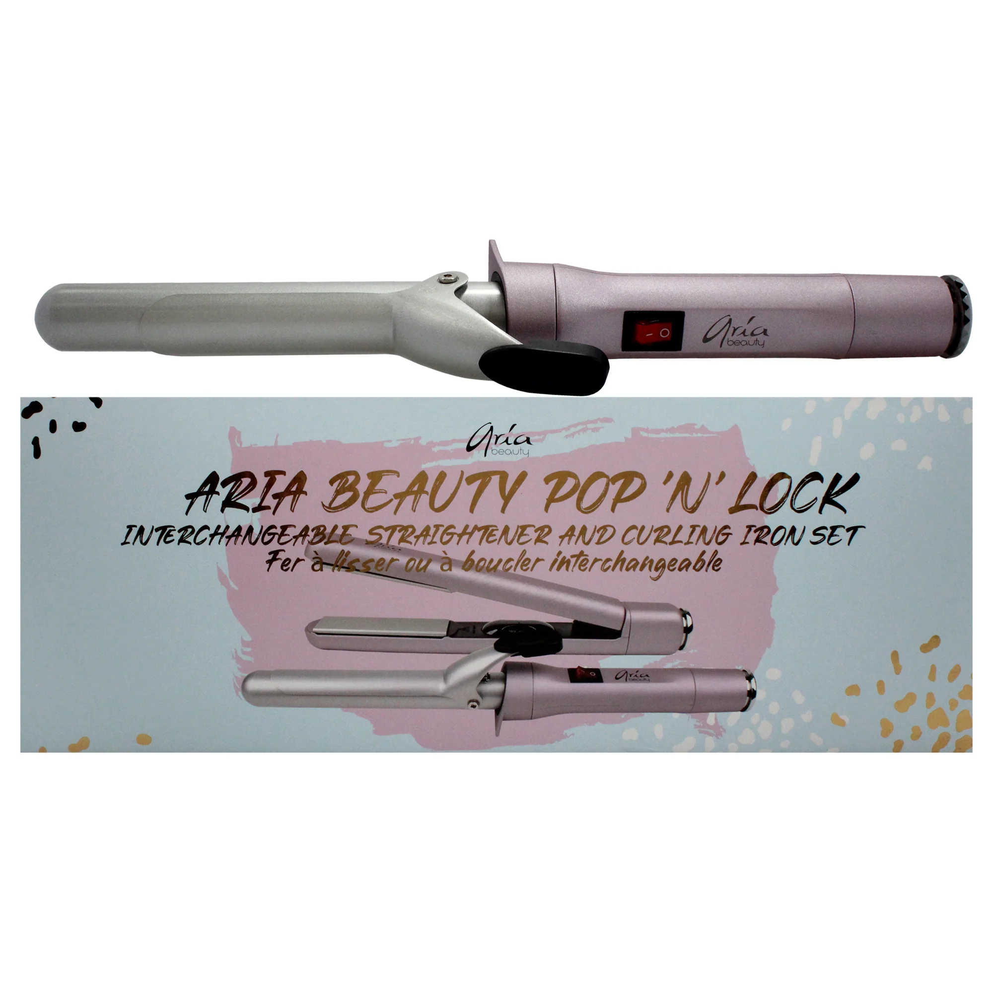Pop N Lock Interchangeable Straightener and Curling Iron Set by Aria Beauty for Women - 2 Pc 1 Inch Flat Iron, 1 Inch Curling Iron - Olabens