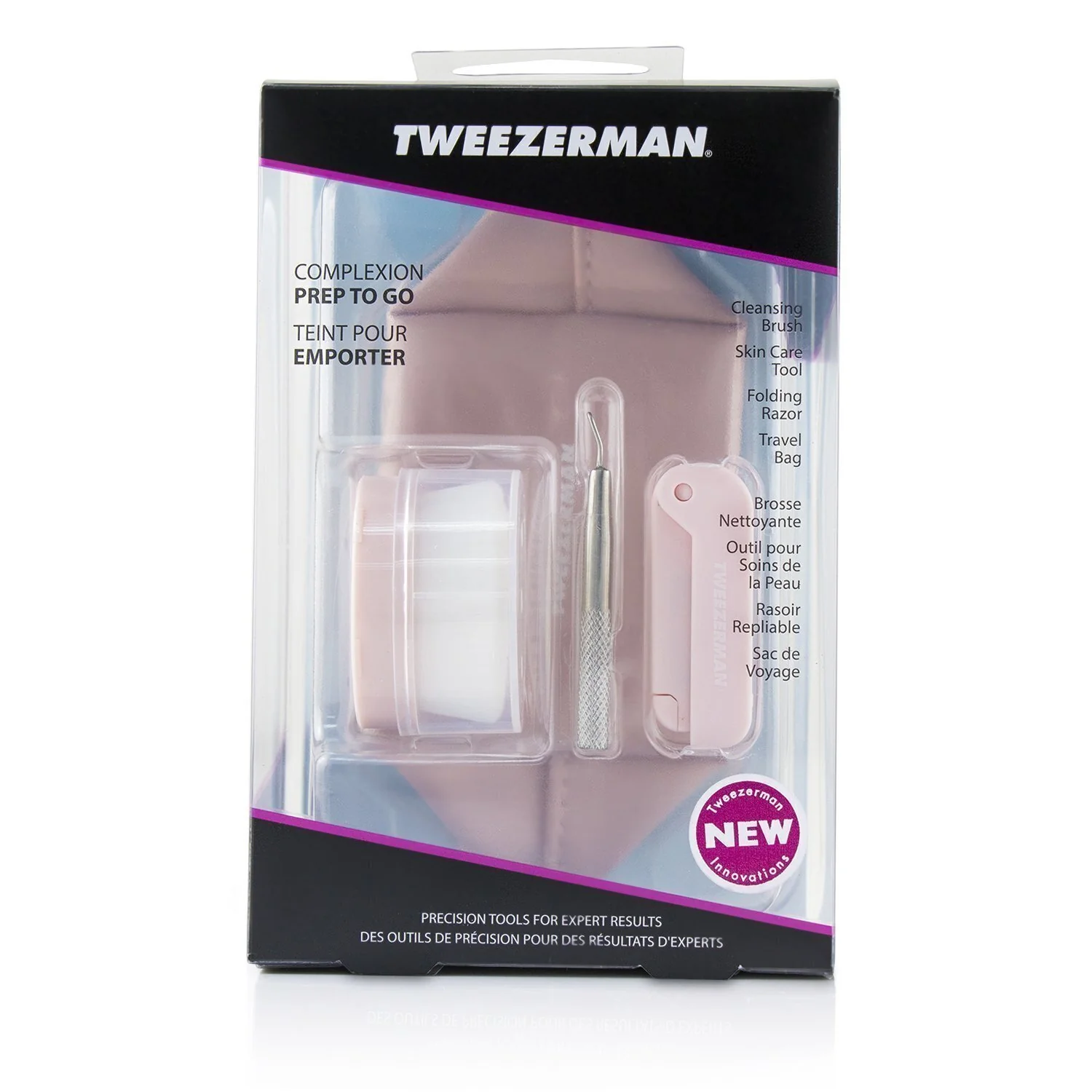 Tweezerman Complexion Prep To Go Set: Cleansing Brush + Skin Care Tool + Folding Razor + Travel Bag  3pcs + 1 Bag - Olabens
