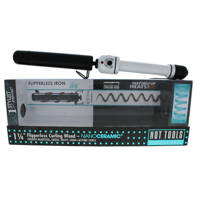 Hot Tools Nano Ceramic Flipperless Curling Wand - Model # HTBW1861 - Black/White by Hot Tools for Unisex - 1.25 Inch Curling Iron - Olabens