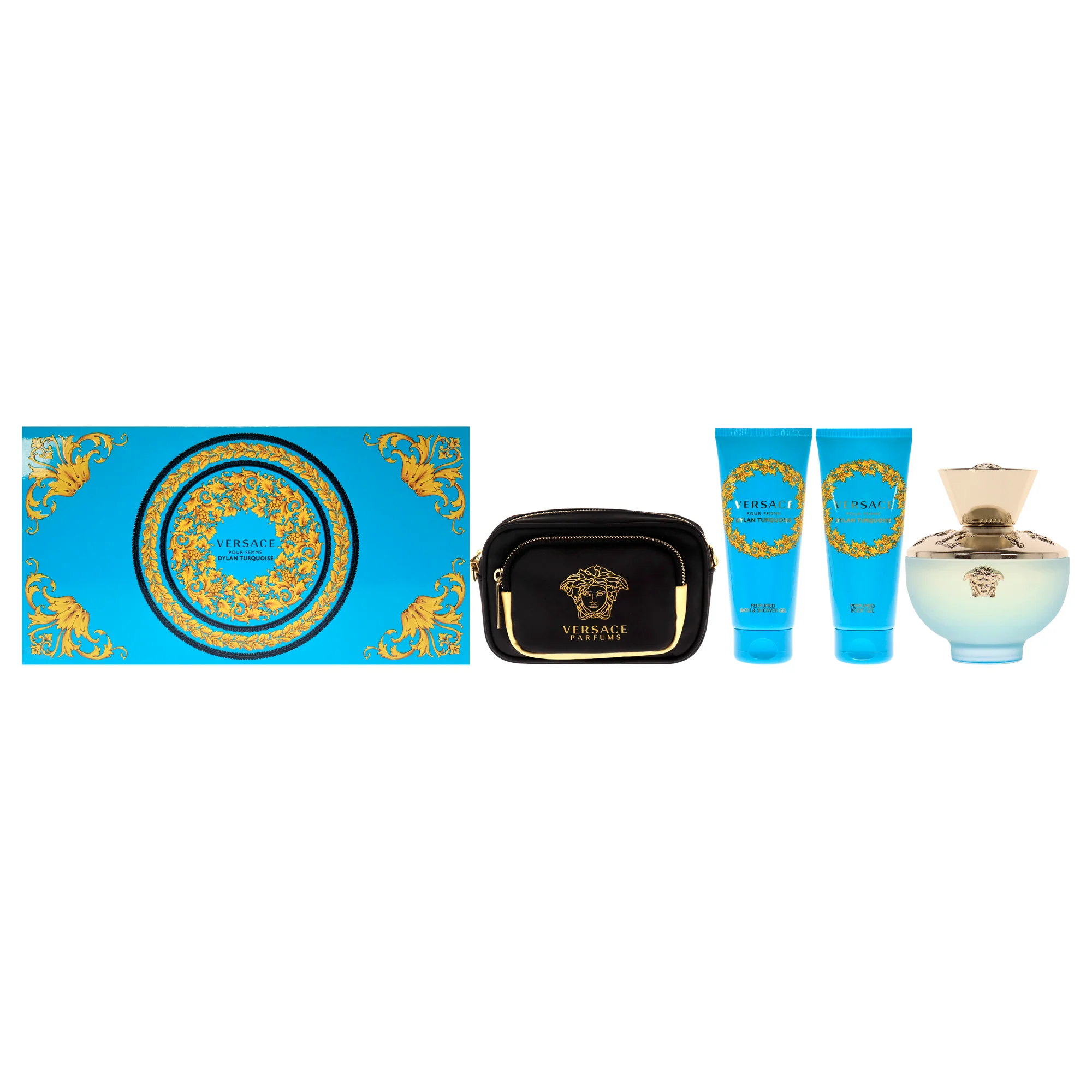 Versace Dylan Turquoise by Versace for Women - 4 Pc Gift Set 3.4oz EDT Spray, 3.4oz Perfumed Body Gel, 3.4oz Perfumed Bath and Shower Gel, Pouch - Olabens