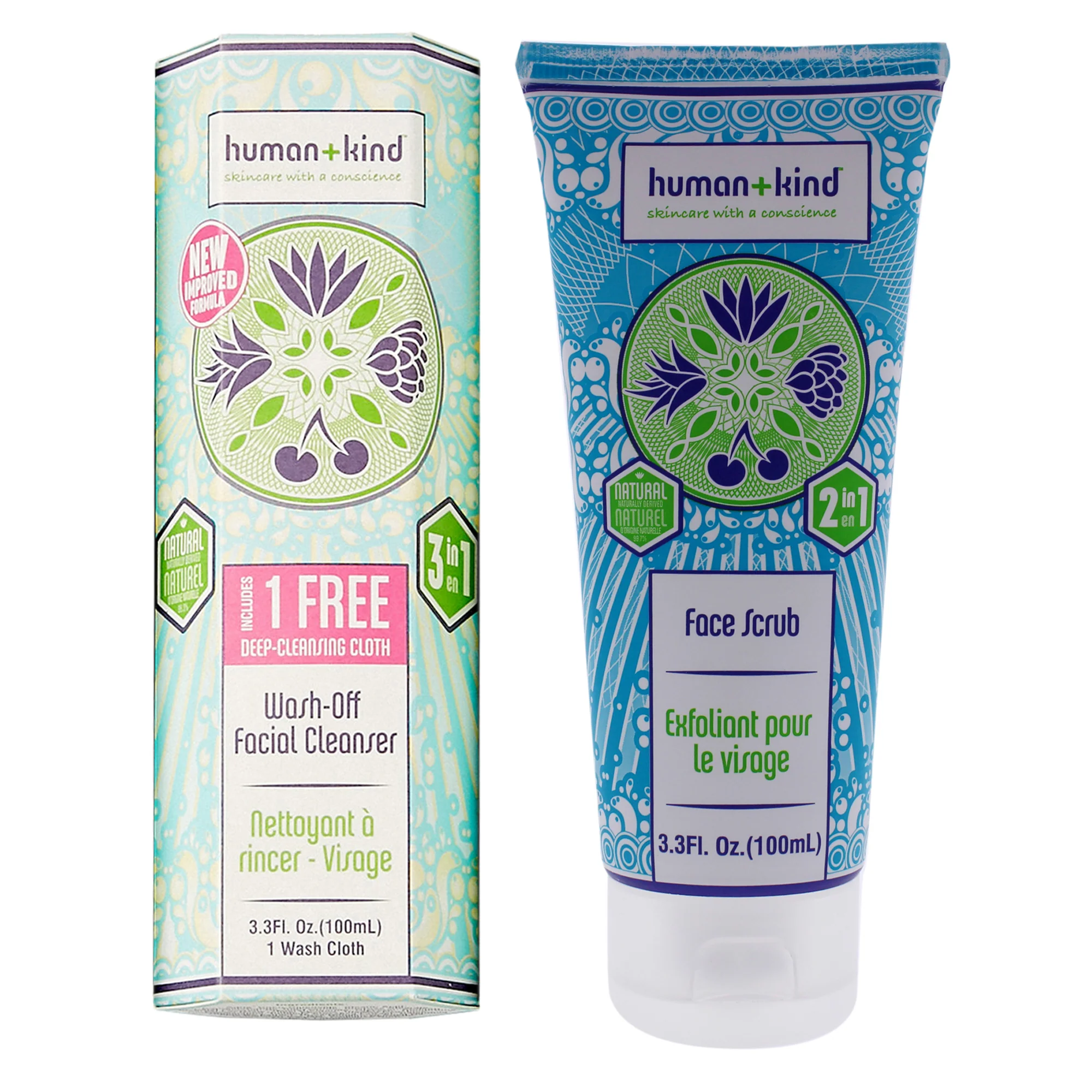 Wash-Off Facial Cleanser and Face Scrub Kit by Human+Kind for Unisex - 2 Pc Kit 3.38oz Cleanser, 3.3oz Scrub - Olabens