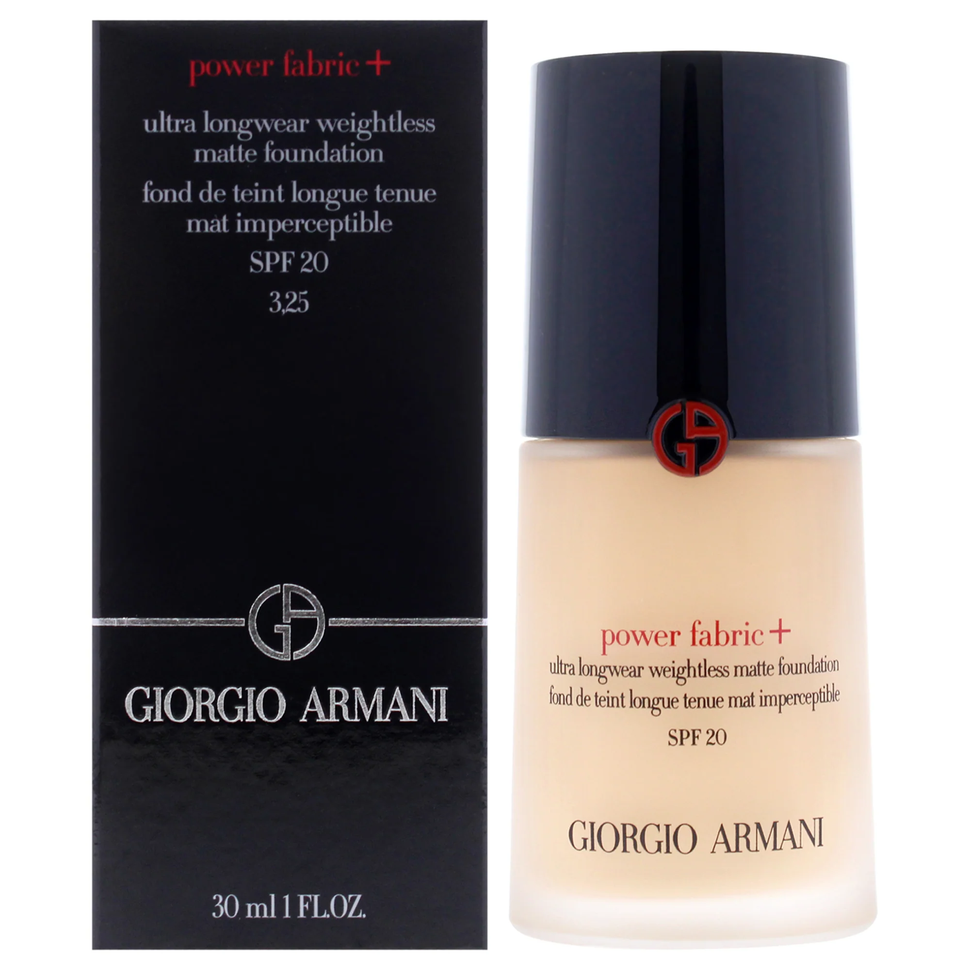 Power Fabric Plus Longwear Weightless Matte Foundation SPF 20 - 3.25 Light With Gold by Giorgio Armani for Women - 1 oz Foundation - Olabens