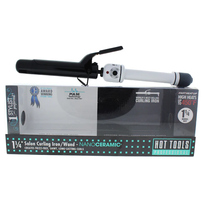 Hot Tools Nano Ceramic Salon Curling Iron/Wand - Model # HTBW45 - White/Black by Hot Tools for Unisex - 1.25 Inch Curling Iron - Olabens
