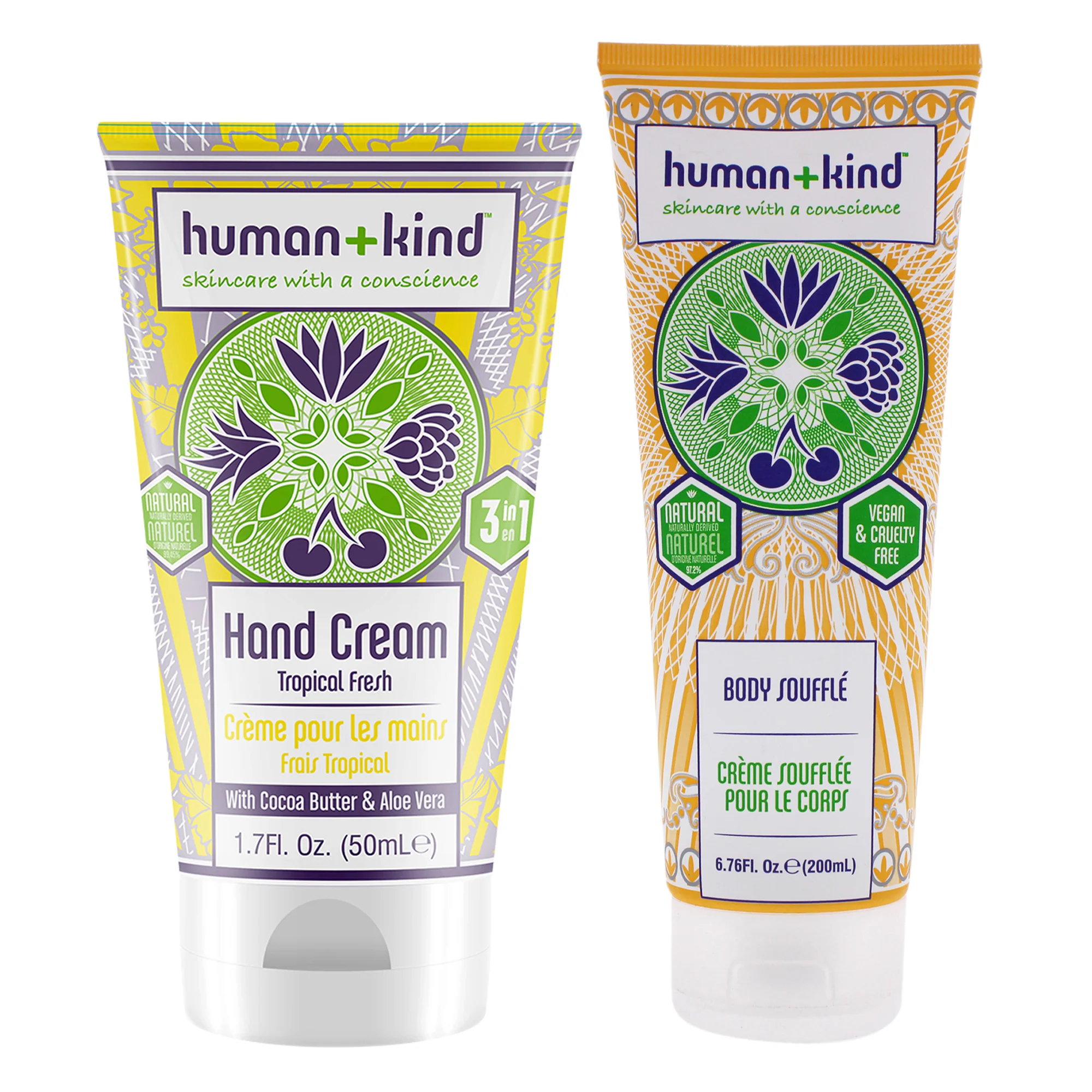 Hand-Elbow-Feet Cream - Tropical Fresh and Body Souffle - Tube Kit by Human+Kind for Unisex - 2 Pc Kit 1.7oz Cream, 6.76oz Body Cream - Olabens
