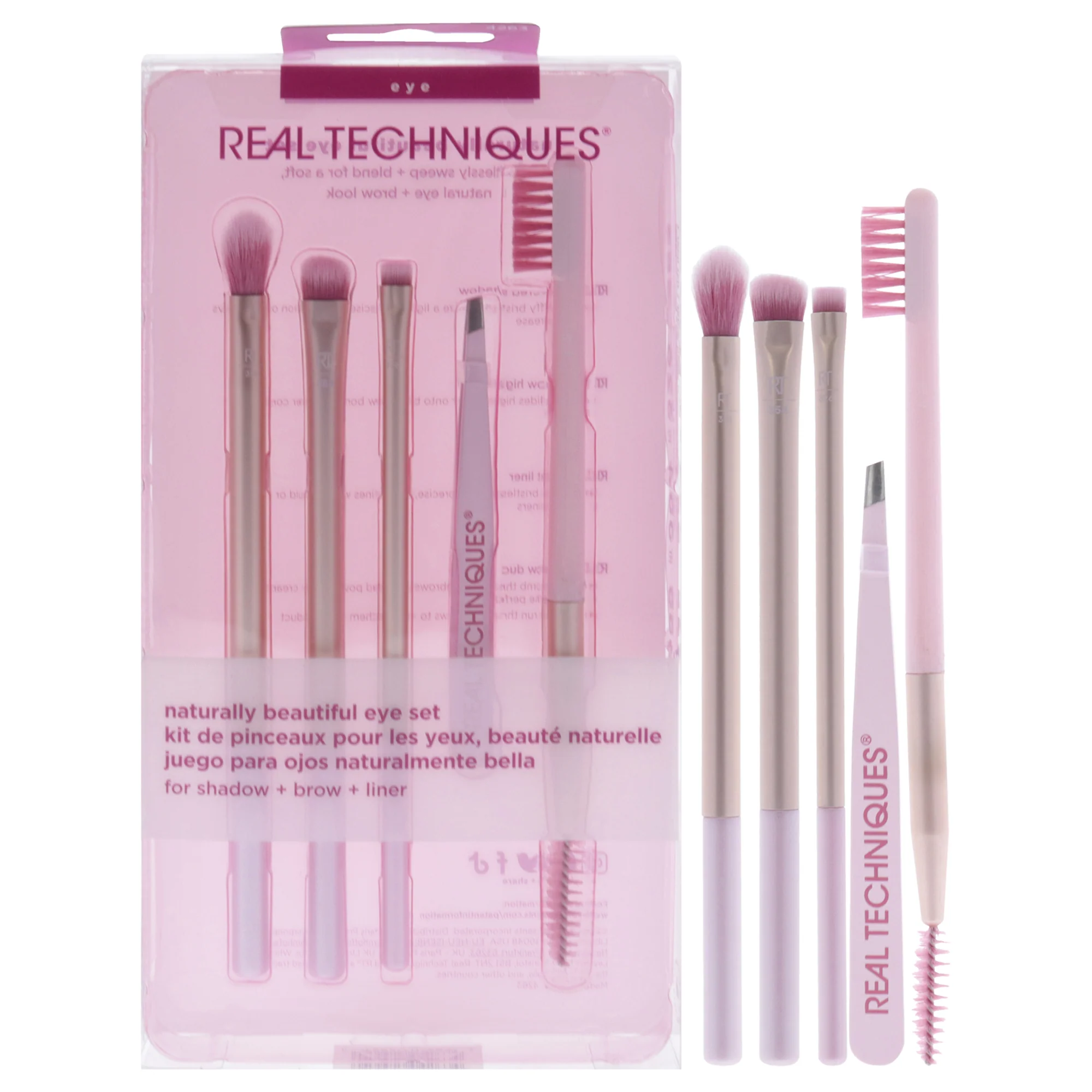 Naturally Beautiful Eye Set by Real Techniques for Women - 5 Pc Tapered Shadow Brush - 355, Brow Highlighter Brush - 354, Flat Liner Brush - 326, Brow Duo Brush - 353, Fine Point Tweezer - Olabens