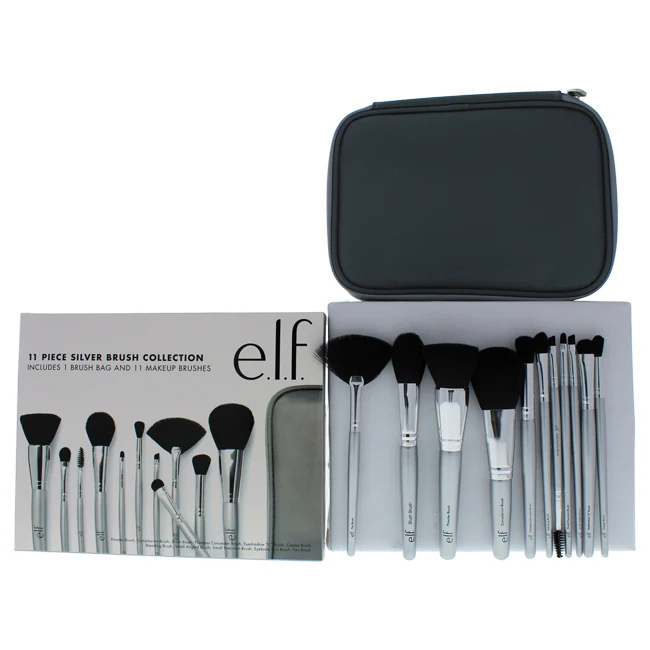 e.l.f. Silver Brush Collection by e.l.f. for Women - 11 Pc Set Eyeshadow C Brush, Eyebrow Duo Brush, Blending Brush, Small Angled Brush, Small Precision Brush, Crease Brush, Complexion Brush, Fan Brush, Powder Brush, Flawless Concealer Brush, Blush B - Olabens