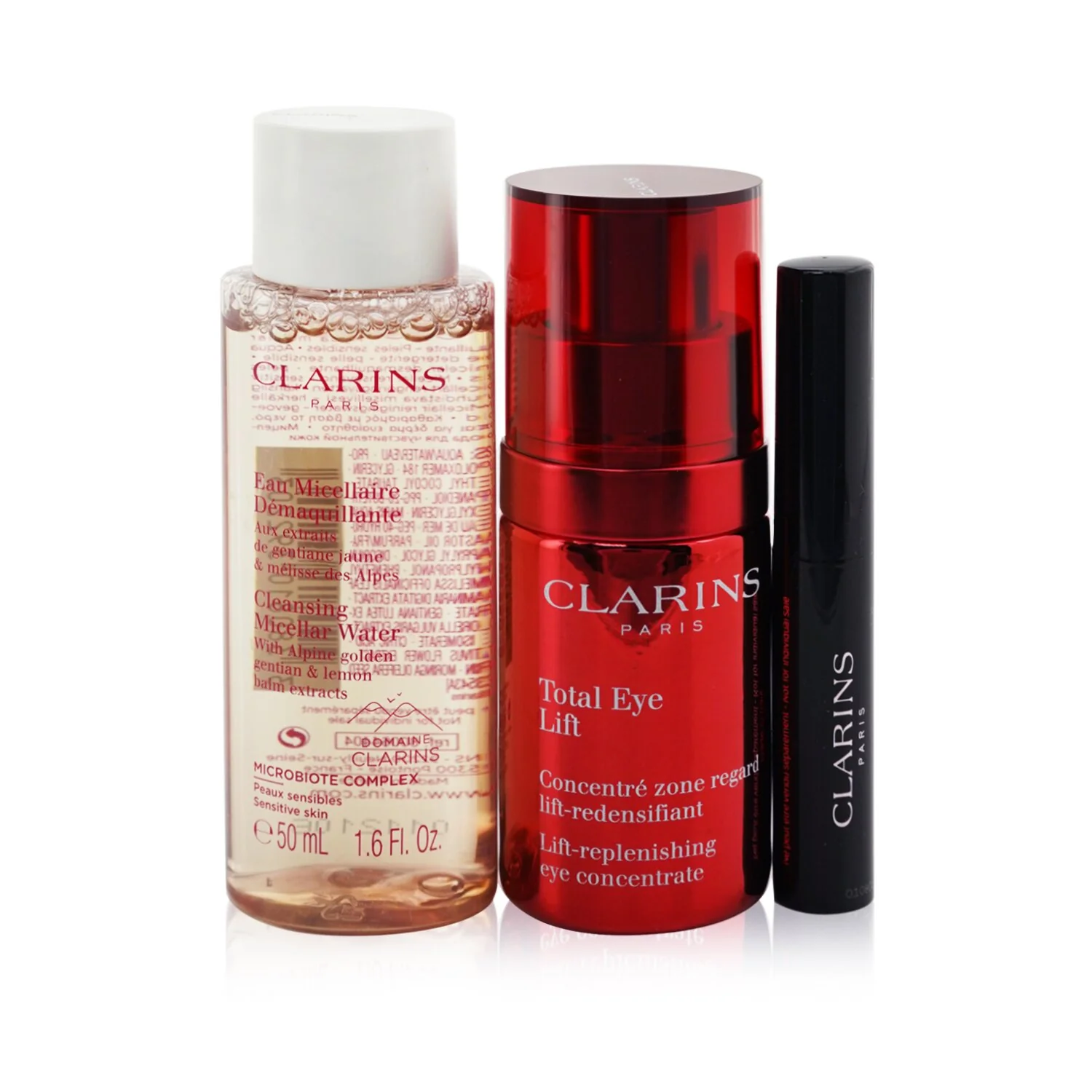 Clarins Total Eye Routine: Total Eye Lift 15ml+ Cleansing Micellar Water 50ml+ Wonder Perfect Mascara 4D #01 3ml+ Bag  3pcs+1bag - Olabens