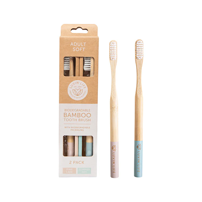 Luvin Life Luvin' Life Biodegradable Bamboo Toothbrush Adult Soft (2 Colour Pack) Pink Lake & Summer Sky x 2 Pack - Olabens
