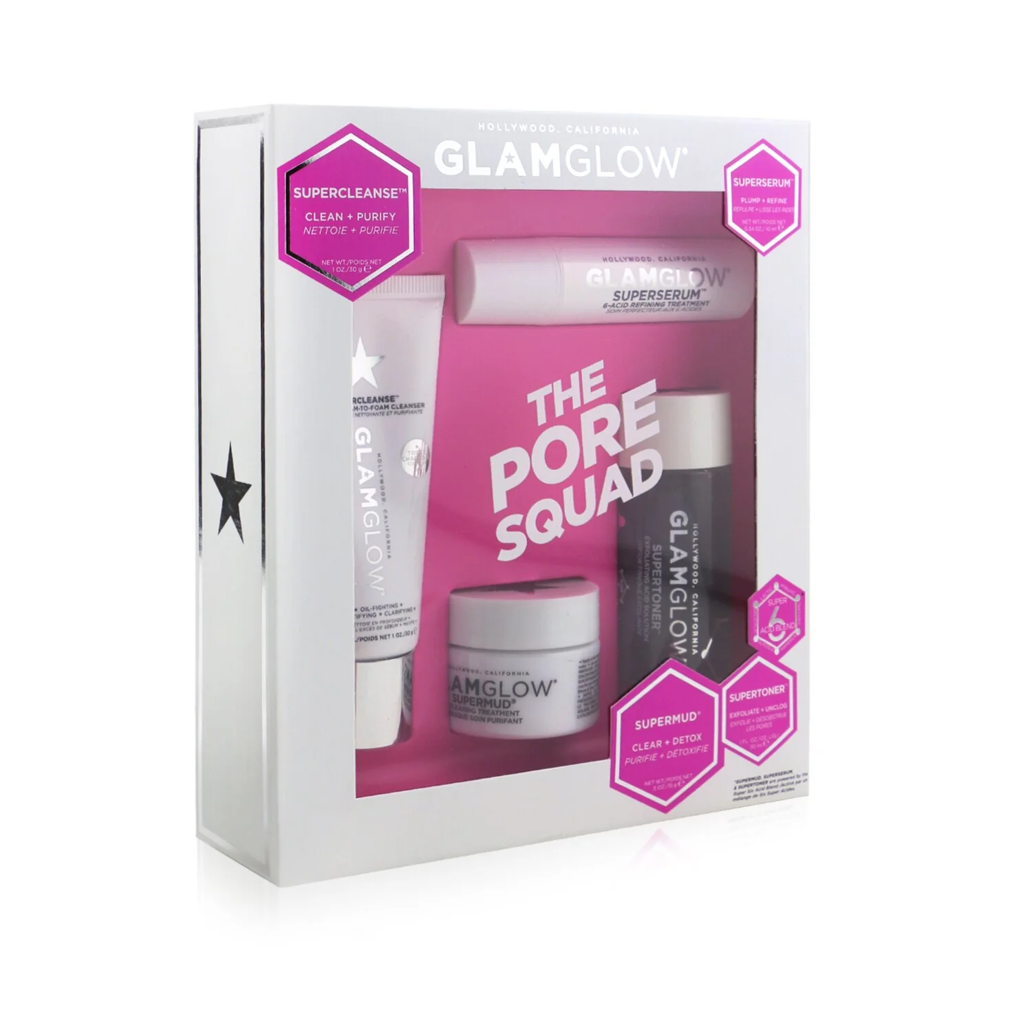 Glamglow The Pore Squad Set: 1x Supercleanse Clearing Cream-To-Foam Cleanser - 30g/1oz + 1x Superserum 6-Acid Refining Treatment - 10ml/0.34oz + 1x Supermud Clearing Treatment - 15g/0.5oz +  1x Supertoner Exfoliating Acid Solution - 30ml/1oz  4pcs - Olabens