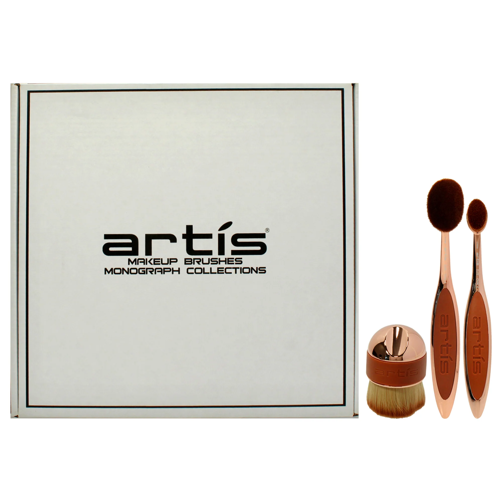 Elite 3 Brush Set - Rose Gold by Artis for Women - 3 Pc Elite Collection Oval Brush 6 - Rose Gold, Elite Collection Oval Brush 4 - Rose Gold , Palm Brush Mini - Rose Gold, Travel Case Large - Black - Olabens