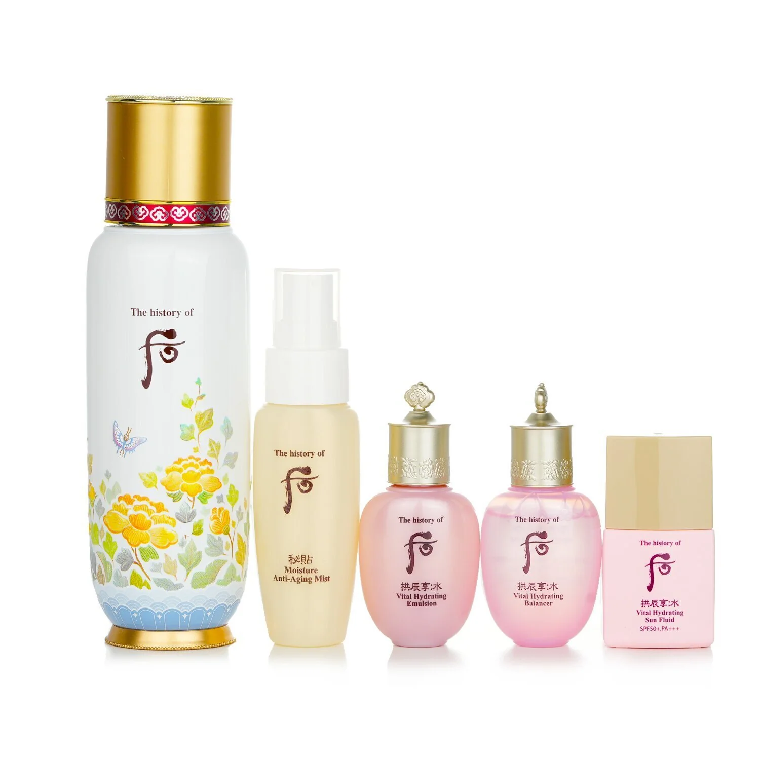 Whoo (The History Of Whoo) Bichup First Moisture Anti-Aging Essence Special Set: Essence 130ml + Mist 30ml + Balancer 20ml + Emulsion 20ml + Sun Fluid SPF50+ 13ml (Exp. Date: 03/2023)  5pcs - Olabens