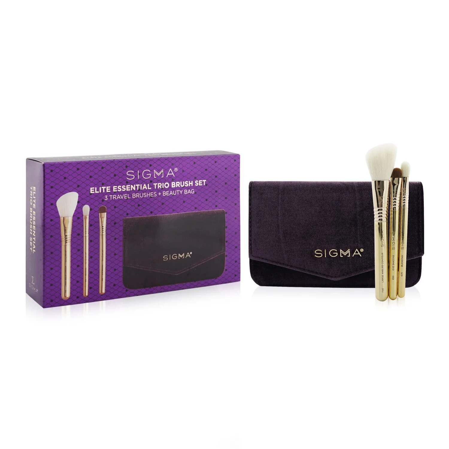 Sigma Beauty Elite Essential Trio Brush Set (3x Travel Bursh + 1x Bag)  3pcs+1Bag - Olabens
