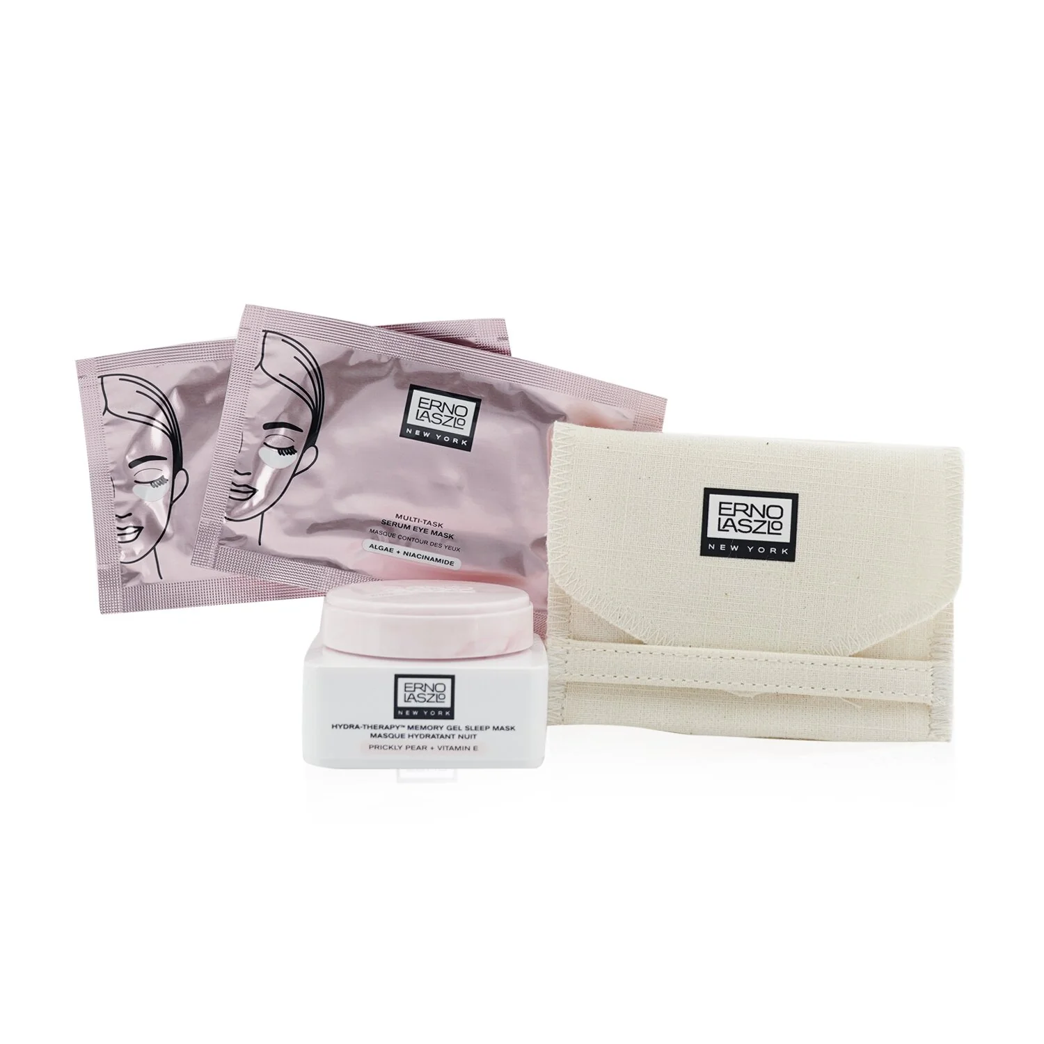 Erno Laszlo Rising Star Travel Set: Hydra-Therapy Memory Gel Sleep Mask 15ml+ 2x Multi-Task Serum Eye Mask 2 patches+ Gua Sha Tool+ Bag  4pcs+1bag - Olabens