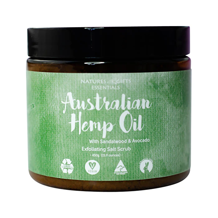 Clover Fields Natures Gifts Essentials Australian Hemp Oil with Sandalwood & Avocado Exfoliating Salt Scrub 450g - Olabens