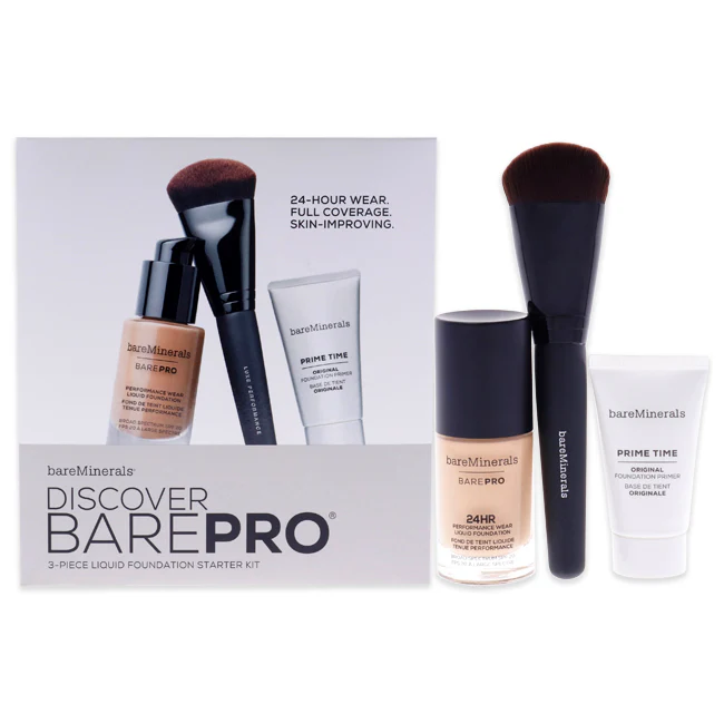 BareMinerals Discover Barepro Liquid Foundation Starter Kit by BareMinerals for Women - 3 Pc 0.47oz BarePro Performance Wear Liquid Foundation SPF 20 - 18 Pecan, 0.5ozPrime Time Original Foundation, Luxe Performance Brush - Olabens