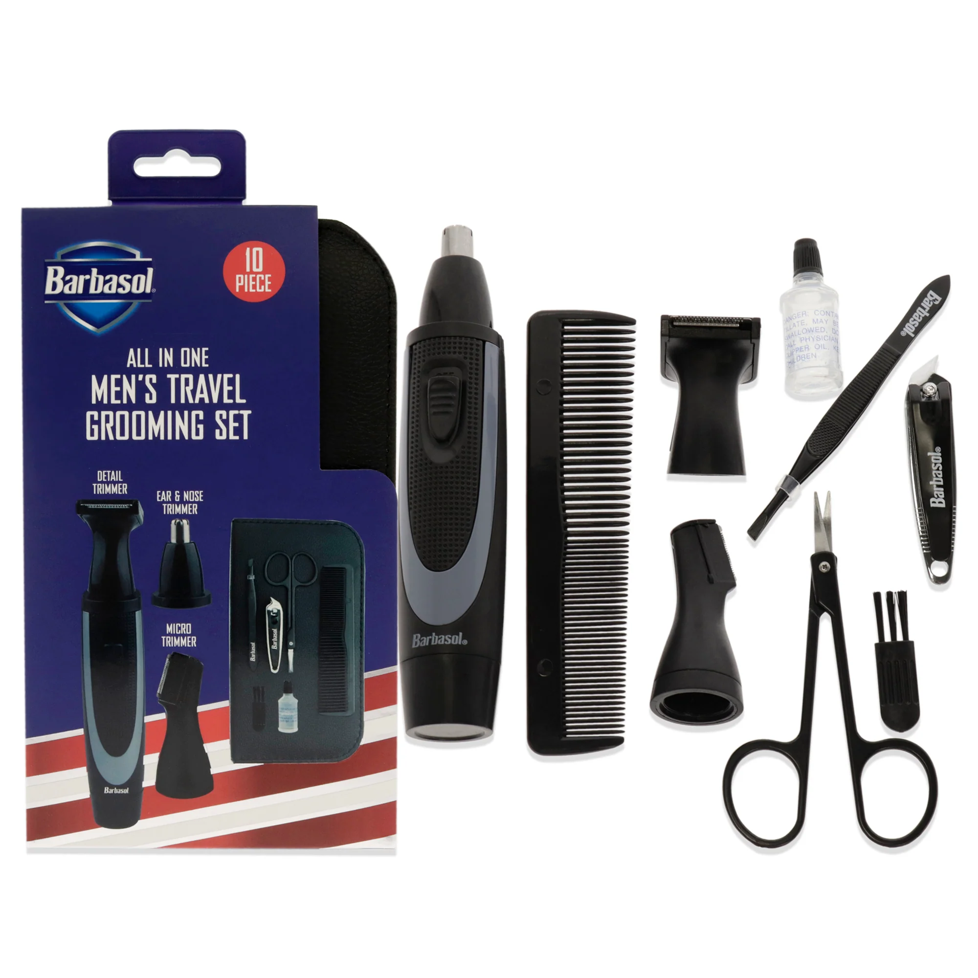All-In-One Mens Grooming by Barbasol for Men - 10 Pc Comb, Scissors, Tweezers, Nail Clipper, Trimmer, Ear Trimmer, Nose Trimmer, Cleaning Brush, Oil, Storage Case - Olabens