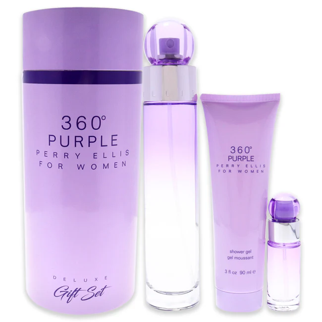 360 Purple by Perry Ellis for Women - 3 Pc Gift Set 3.4oz EDP Spray, 0.25oz EDP Spray, 3.0oz Shower Gel - Olabens
