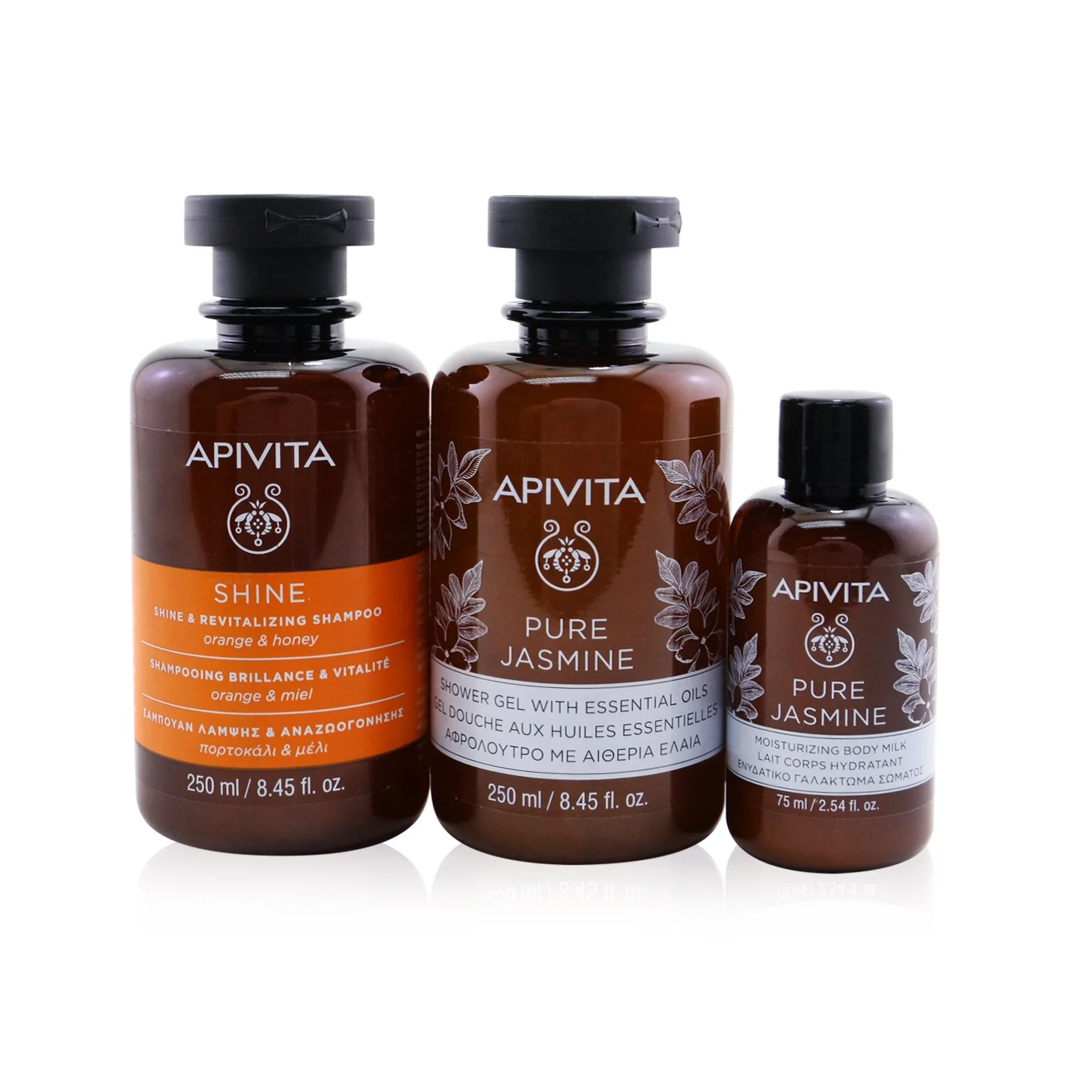 Apivita Holly Jolly Treats Set: Shine & Revitalizing Shampoo 250ml+ Pure Jasmine Shower Gel 250ml+ Pure Jasmine Body Milk 75ml  3pcs - Olabens