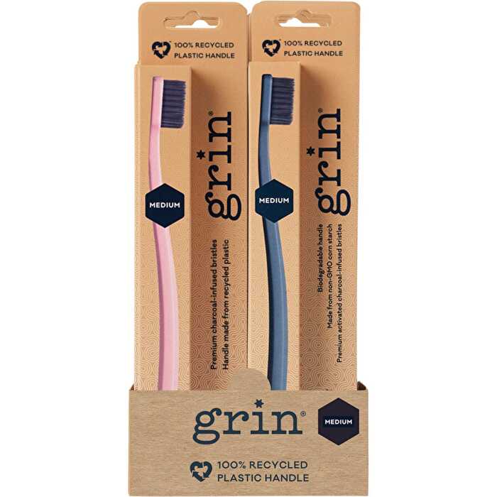 Grin 100% Recycled Toothbrush Medium Pink, Charcoal x8 - Olabens