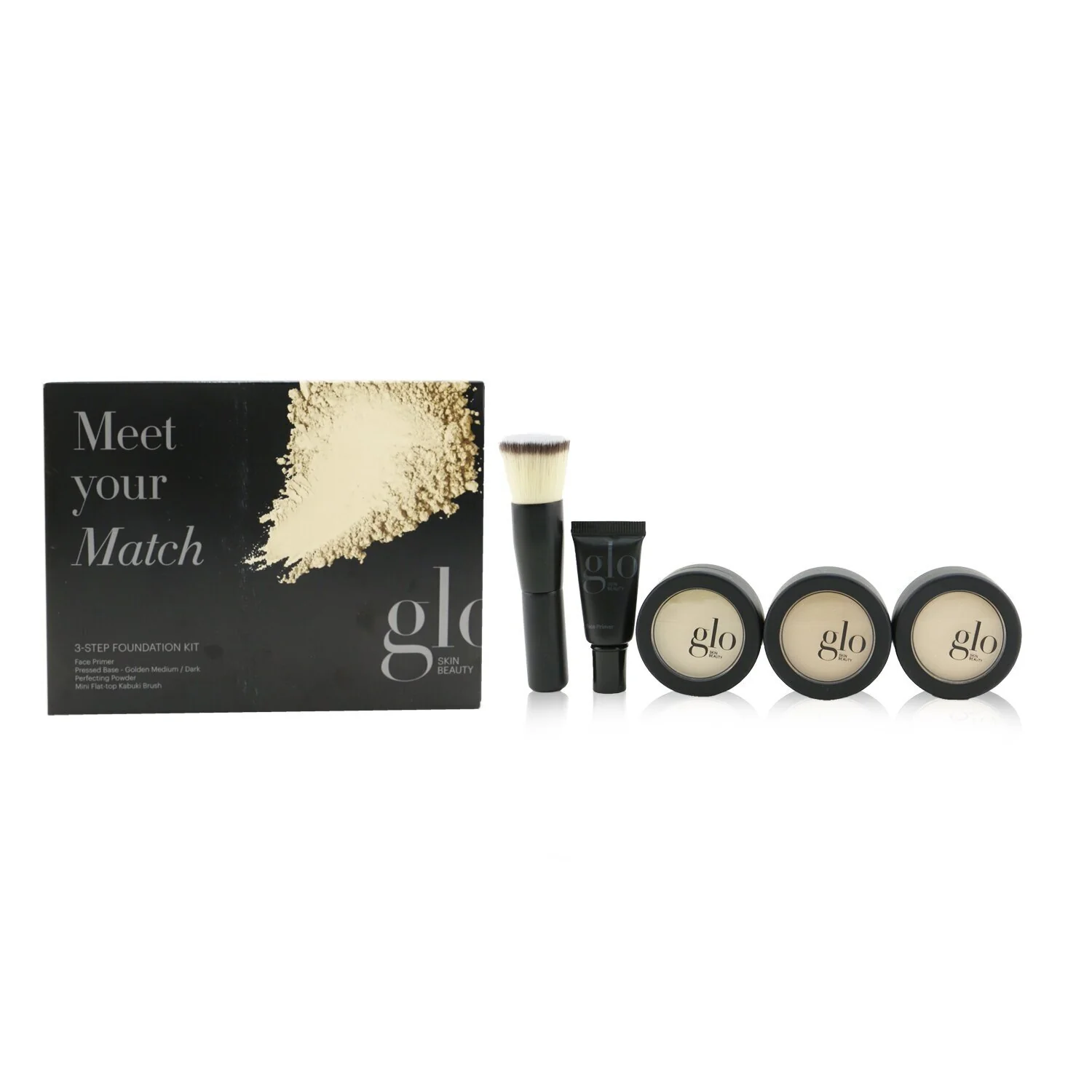 Glo Skin Beauty Meet Your Match 3 Step Foundation Kit (Face Primer + 2x Pressed Base + Perfecting Powder + Mini Kabuki Brush) - # Golden (Medium / Dark)  5pcs - Olabens