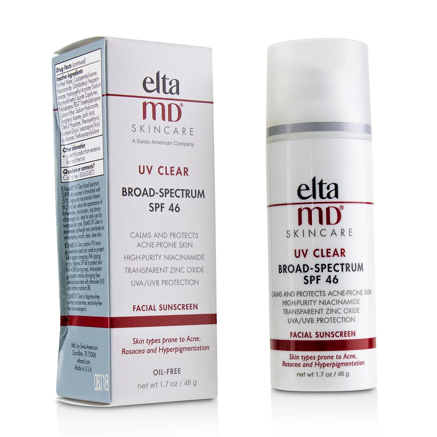 EltaMD UV Clear Facial Sunscreen SPF 46 - For Skin Types Prone To Acne, Rosacea & Hyperpigmentation (Box Slightly Damaged)  48g/1.7oz - Olabens