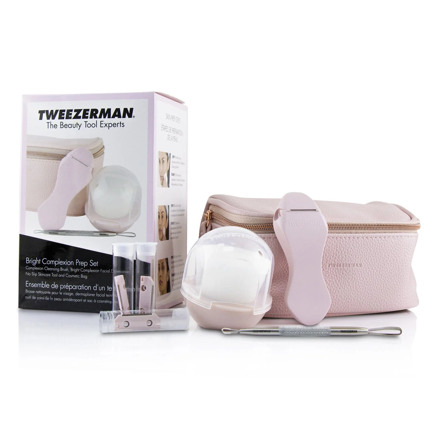 Tweezerman Bright Complexion Prep Set: Complexion Cleansing Brush + Bright Complexion Facial Dermaplaner + No Slip Skincare Tool + Bag  3pcs + 1 Bag - Olabens
