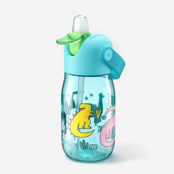ZOKU Kids Flip Straw Bottle  400ml - Teal Dino (Cleaning Brush Included)  Fixed Size - Olabens