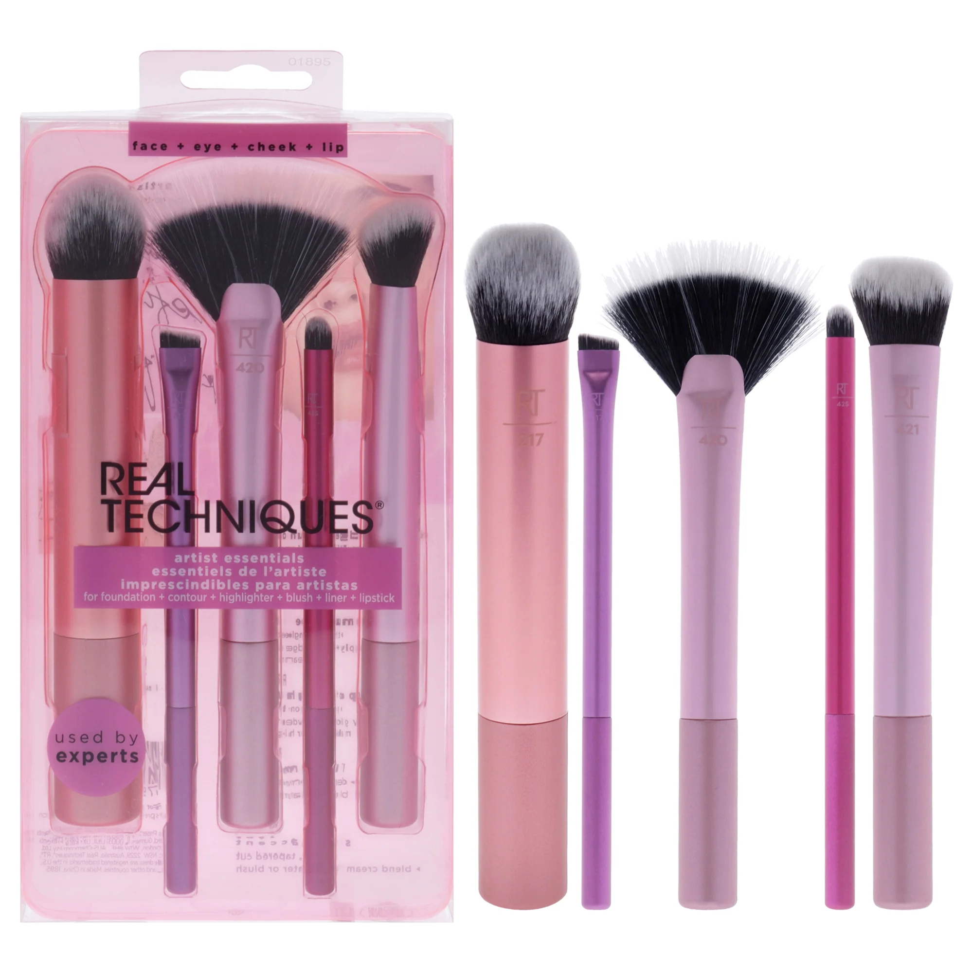 Artist Essentials Set by Real Techniques for Women - 5 Pc Expert Edge Foundation Brush - 217, Smudge Liner Brush - 317, Spotlight Fan Brush - 420, Lip Smudge Brush - 425, Soft Accent Brush - 421 - Olabens
