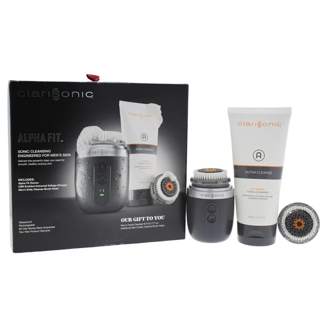 Clarisonic Alpha Fit Sonic Cleansing System - Gray by Clarisonic for Men - 5 Pc Kit Alpha Fit - Gray, USB Enabled Universal Voltage Charger, 2 x Mens Daily Cleansing Brush Head, 6oz Alpha Cleanse - Olabens