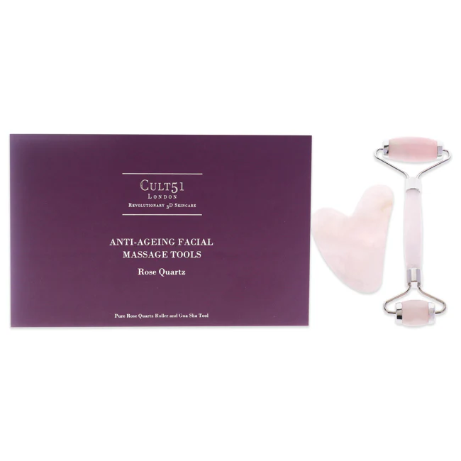Anti-Ageing Facial Massage Tools by Cult51 for Unisex - 2 Pc Pure Rose Quartz Roller, Gua Sha Tool - Olabens