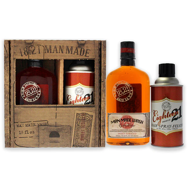 18.21 Man Made Man Made Set - Sweet Tobacco by 18.21 Man Made for Men - 2 Pc 18oz Man Made Wash 3-In-1 Shampoo, Conditioner and Body Wash, 10oz Premium Hair Spray - Fixatif - Olabens