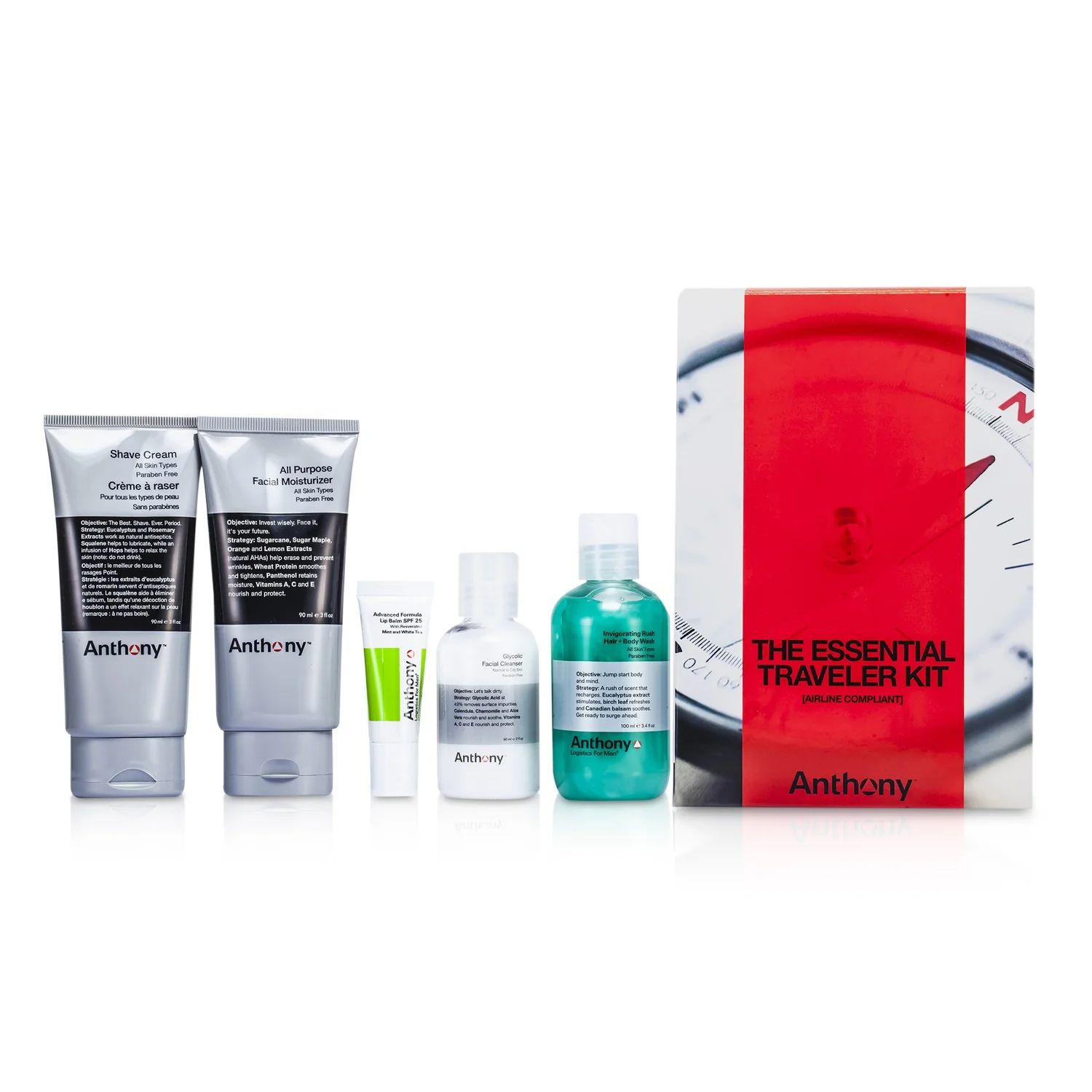 Anthony Logistics For Men The Essential Traveler Kit:  Cleanser + Mositurizer + Lip Blam + Shave Cream + Hair & Body Wash  5pcs - Olabens
