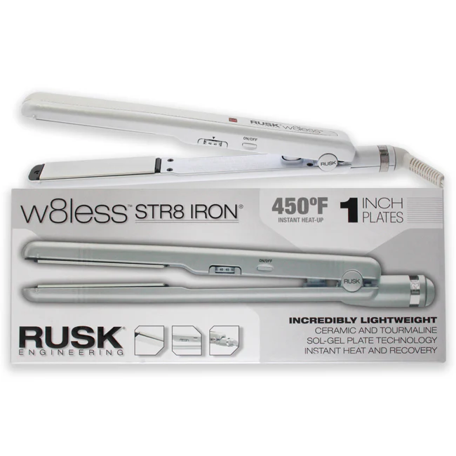 W8less Str8 Iron Ceramic and Tourmaline Flat Iron - IREW8LS2510 - White by Rusk for Unisex - 1 Inch Flat Iron - Olabens