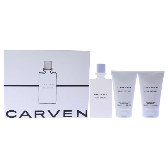 Carven Carven LEau Intense by Carven for Men - 3 Pc Gift Set 3.33oz EDT Spray, 3.33oz After Shave Balm, 3.33oz Bath and Shower Gel - Olabens