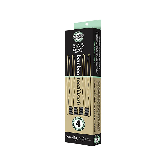 Essenzza Fuss Free Naturals Bamboo Toothbrush with Activated Charcoal Bristles Medium x 4 Pack - Olabens