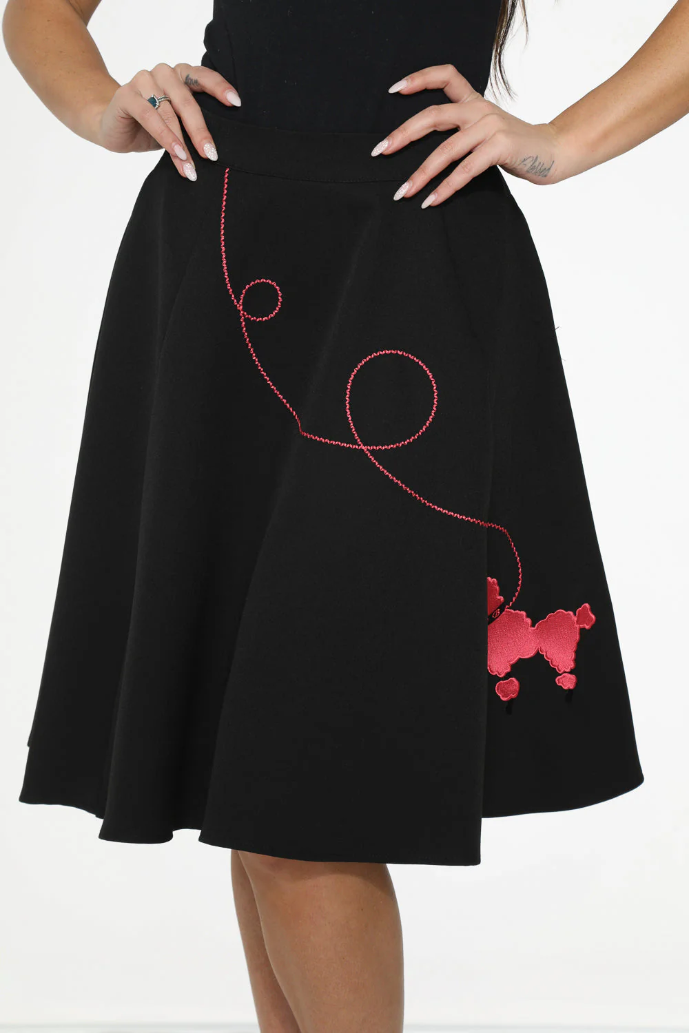 Black Hot Pink Embroidered Poodle Swing Skirt - Olabens