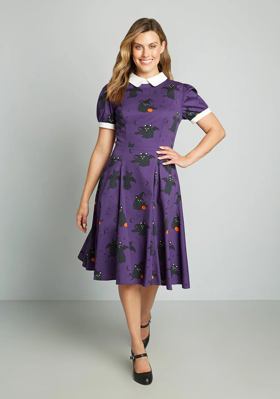 Isnyt x Collectif Black Cat Celebration Swing Dress - Olabens