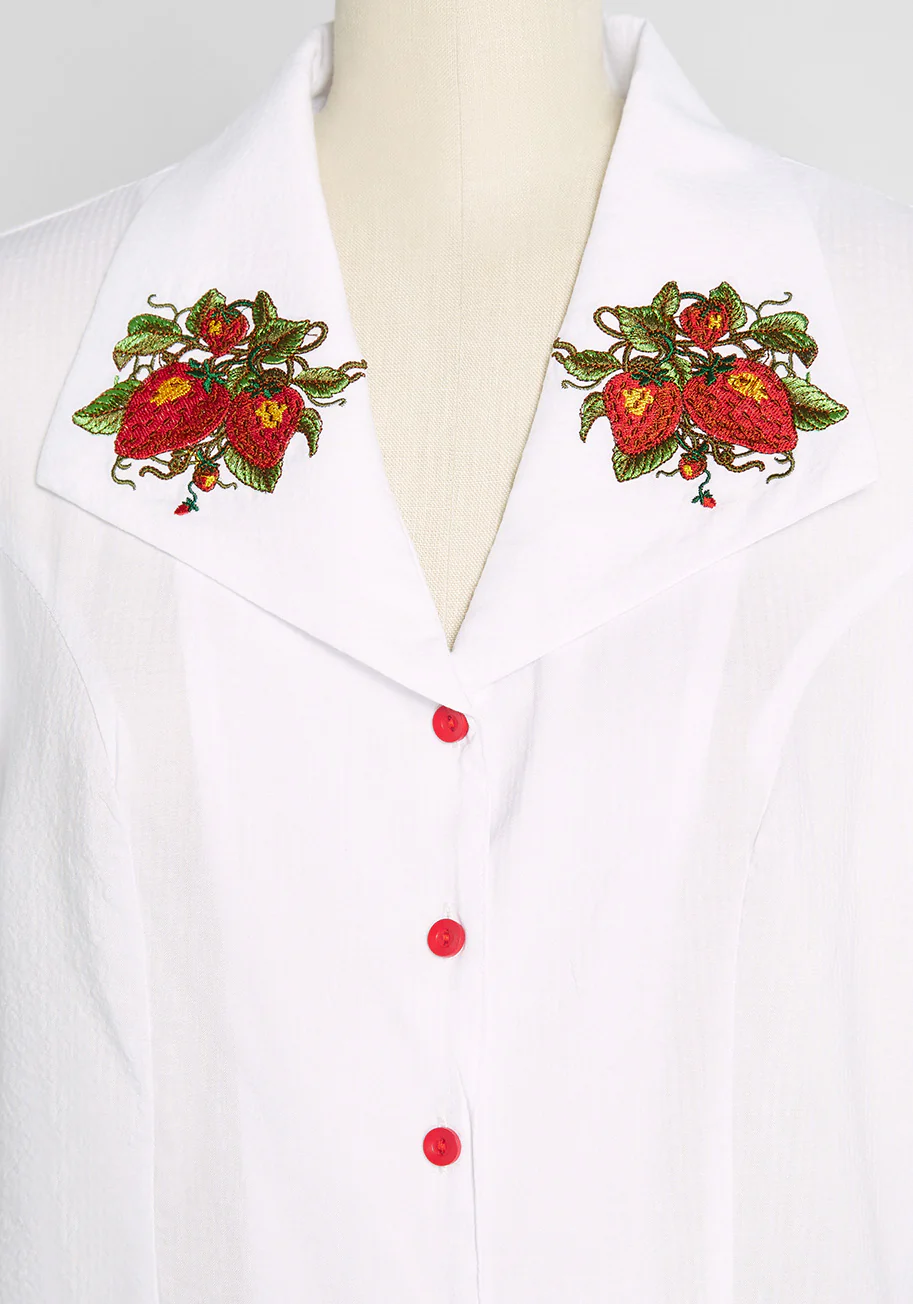 Strawberry Sunrise Embroidered Button-Up Blouse - Olabens