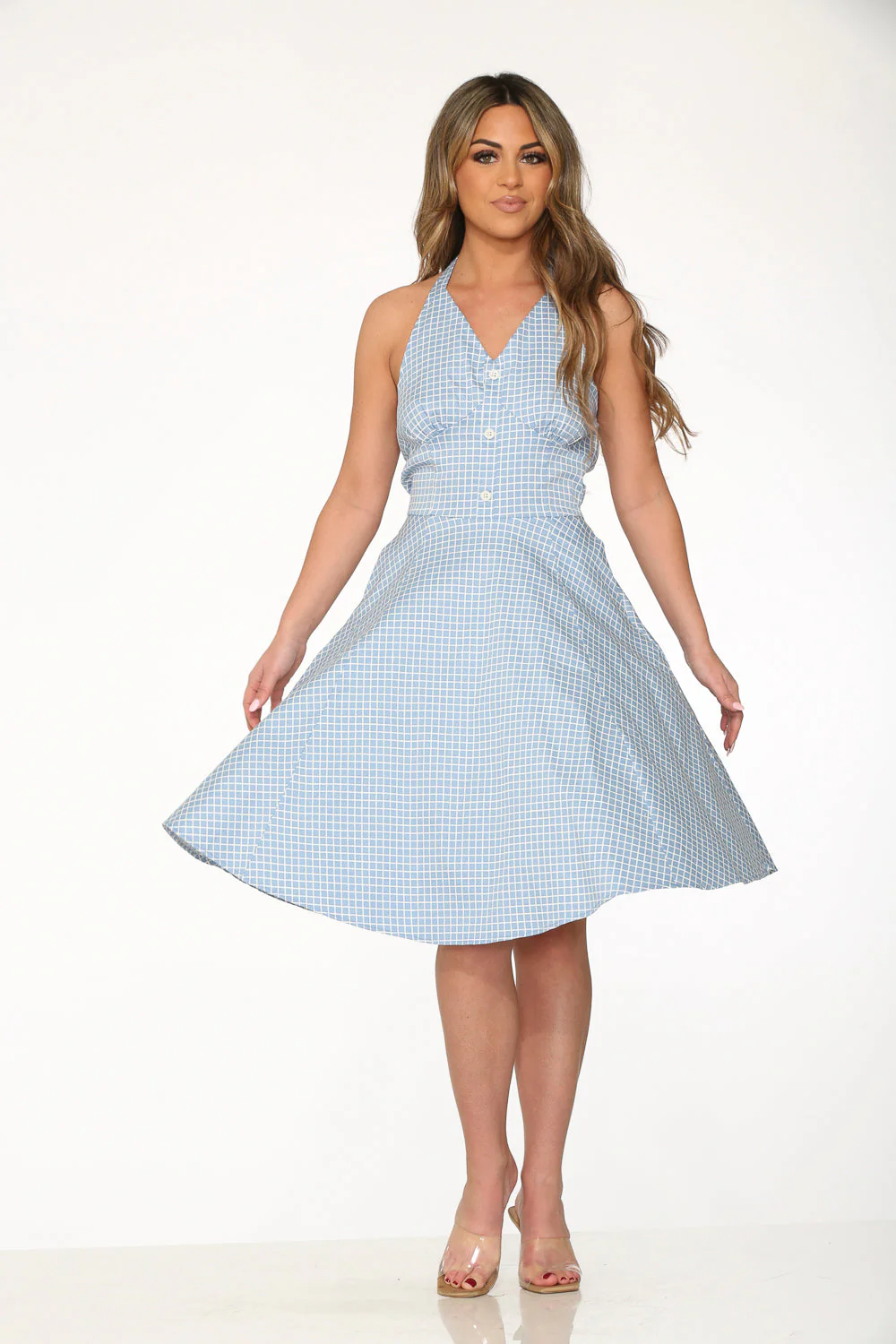 Blue White Checkmate Halter Swing Dress - Olabens