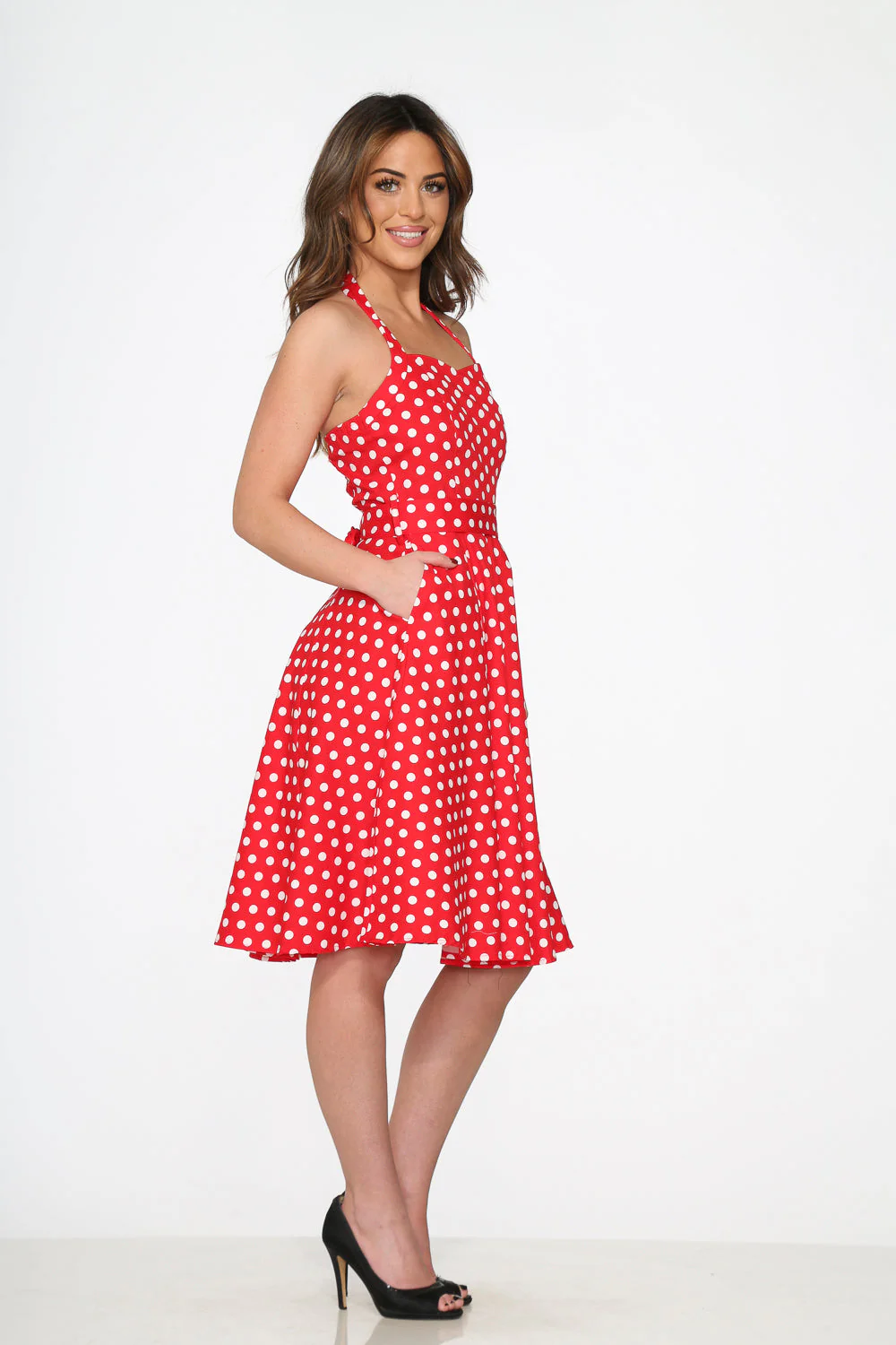 23231 Red White Polka Dot Halter Dress - Olabens