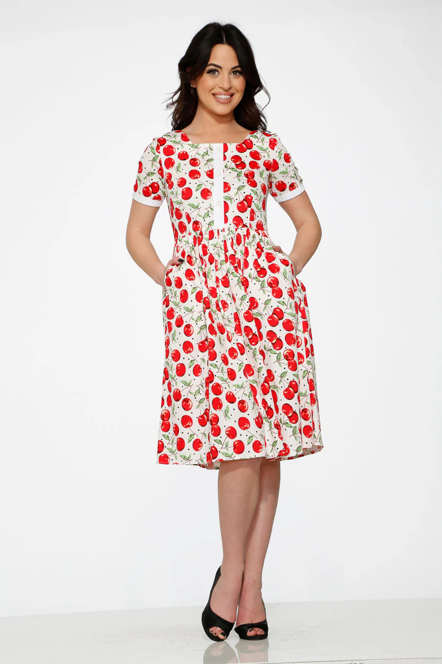 White & Red Cherry Dress - Olabens