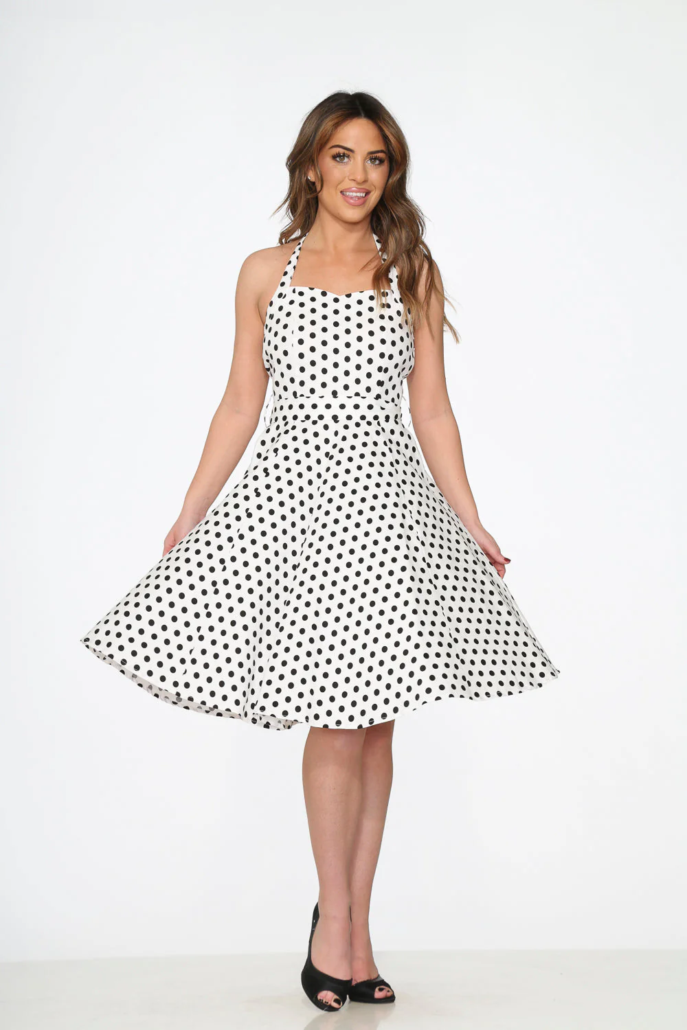 White & Black Polka Dot Halter Dress - Olabens