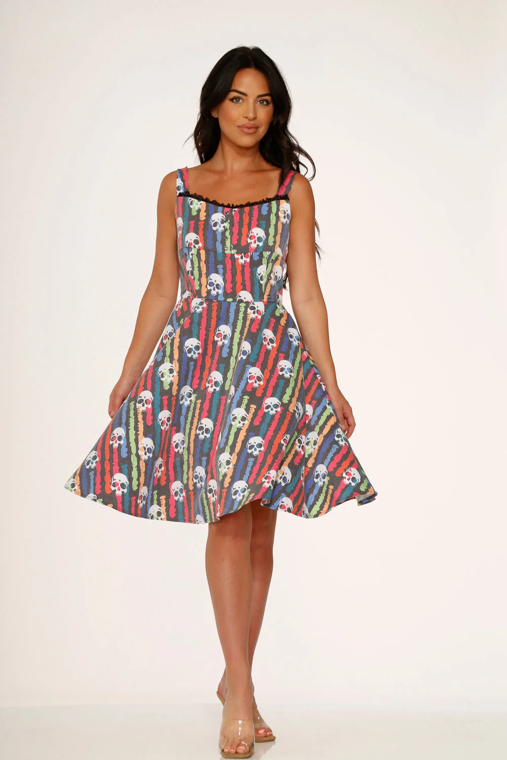 Black Skulls Rainbow Swing Dress - Olabens
